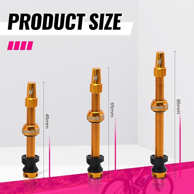 RideNow Tubeless Presta Valve Stems, 85mm Super Light 7075 Aluminum Alloy Presta Tubeless Valve Stem Kit with Valve Core Remover Tool and Valve Stem Caps, Multiple Color and Size Options(Pair), Gold