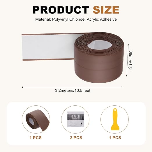 uxcell Caulk Tape Waterproof, 1.5 Inch x 10.5 ft Self-Adhesive Sealant Sealing Strip Caulking Sealant Tape PVC with Tool for Kitchen Sink Toilet Bathroom Bathtub Floor, Brown