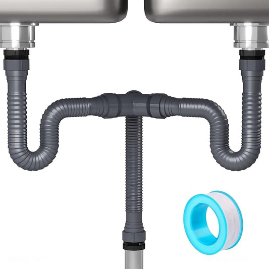 NiHome Flexible P-Trap Drain Kit for Double Kitchen Sink, Universal 1-1/2" or 1-1/4" Wastewater Drainage Pipe with Sealing Tape, Expandable Sink Waste Discharge Tubing for Garbage Disposal (Grey)