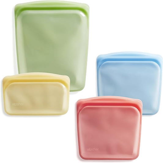 Stasher Silicone Reusable Storage Bags, 4-Pack, Reusable Freezer Bags, Microwave, Dishwasher, Oven Safe, Sous Vide, Premium Lunch Containers, Eco Friendly, Food Storage Bags, Snack Bags, Multicolor | Reusable Food Bag