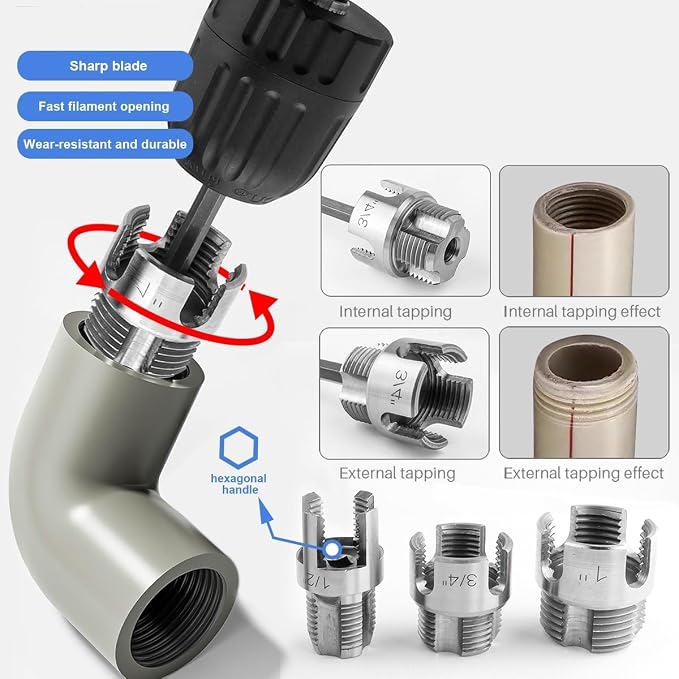 3 PCS Integrated PVC Pipe Threading Tool, Premium Carbon Steel Dual-Function Internal & External Pipe Threader for 1/2", 3/4", 1" Sizes PVC Pipes Suit for All Electric Drills (1/2"+3/4"+1")