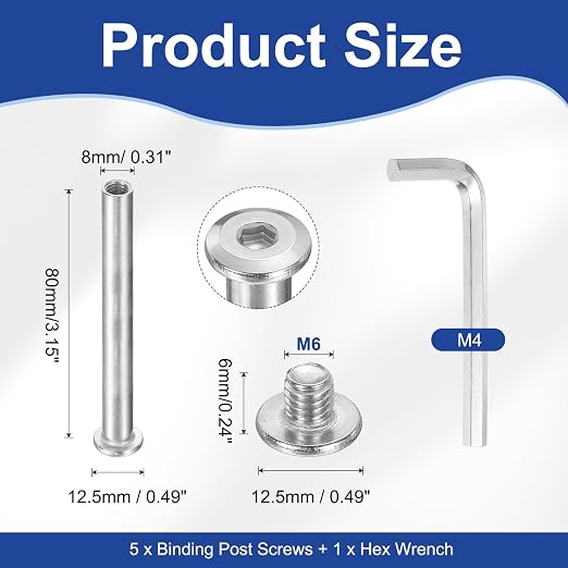 PATIKIL M6x6mm Hex Chicago Screws 8x80mm, 5Pcs 304 Stainless Steel Metric Hex Drive Socket Cap Binding Post Screw Posts for Scrapbook Leather Belt Album Furniture Repair, Silver