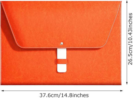 PU Leather A4 File Folder Large Document Holder Waterproof Envelope Folder Case with Handmade Closure (Orange)