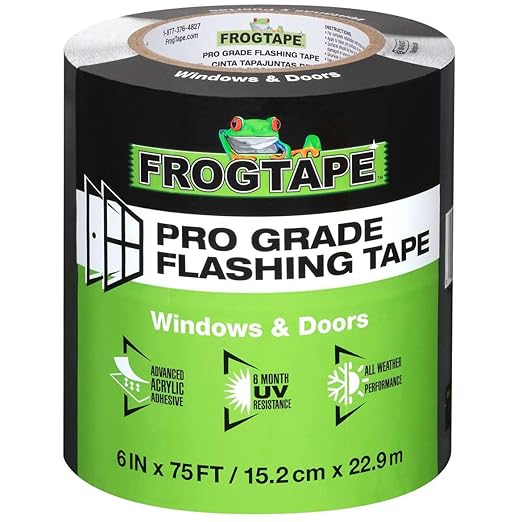 FrogTape Pro Grade Flashing Tape for Windows & Doors, 6 Inch Width - 75 Foot Roll, All Weather & UV Resistant Flashing Tape with Advanced Acrylic Adhesive - 10 mils - Black