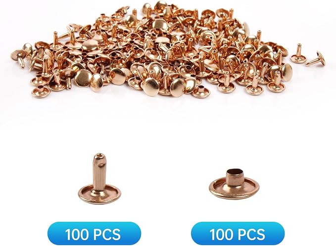 100 Sets Leather Rivets 10x8mm Double Cap Rivets Snaps Metal Studs Fasteners with 3pcs Setting Tools for Leather Craft DIY Repair Decoration, Light Gold Tone