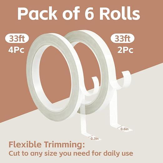 6 Rolls Double Sided Fabric Hem Tape, No Sew No Iron Strong Adhesive Cloth Tape for Clothing Pants Dress Curtain Repair DIY Craft（4 X 0.3 in × 33 ft + 2 X 0.6 in × 33 ft）