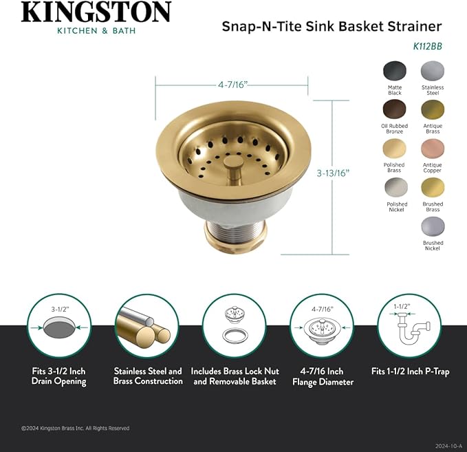 Kingston Brass K112MB Tacoma Kitchen Sink Basket Strainer, Matte Black 4.44 x 4.44 x 3.81