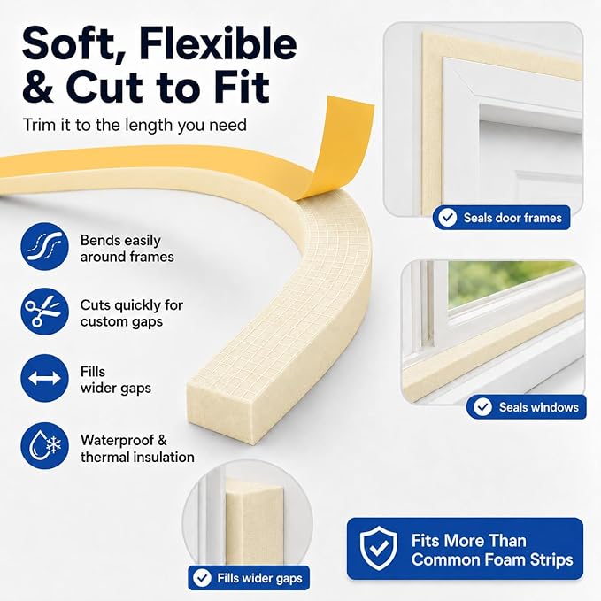 1" x 1" EVA Foam Weather Stripping Tape, 6.5FT Self-Adhesive Foam Seal Strip for Large Door & Window Gaps, White