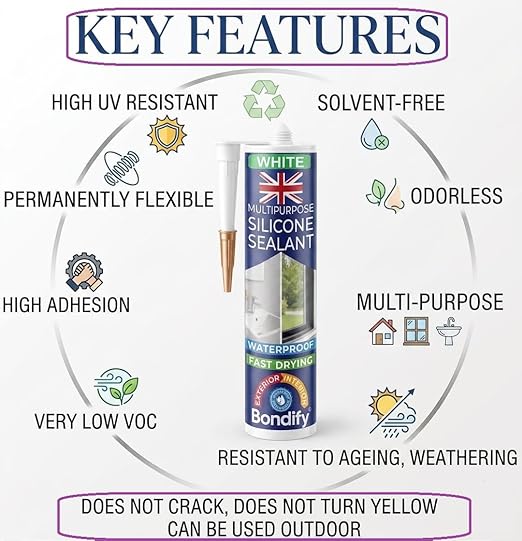 Waterproof White RTV Silicone Caulk for Window & Door, Kitchen & Bathroom, Silicone Sealant White SOLVENT FREE 2PCs x 10oz, Ideal for Sink, Sanitary, Bath, Shower Sealant, Window Frame Sealant