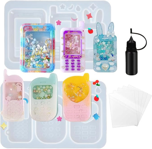 FUNSHOWCASE Resin Shaker Molds Set Mobile Phones Keychain Charm Pack of 8 Silicone Trays Seal Films Precision Tip Applicator Bottle Kit Bundle