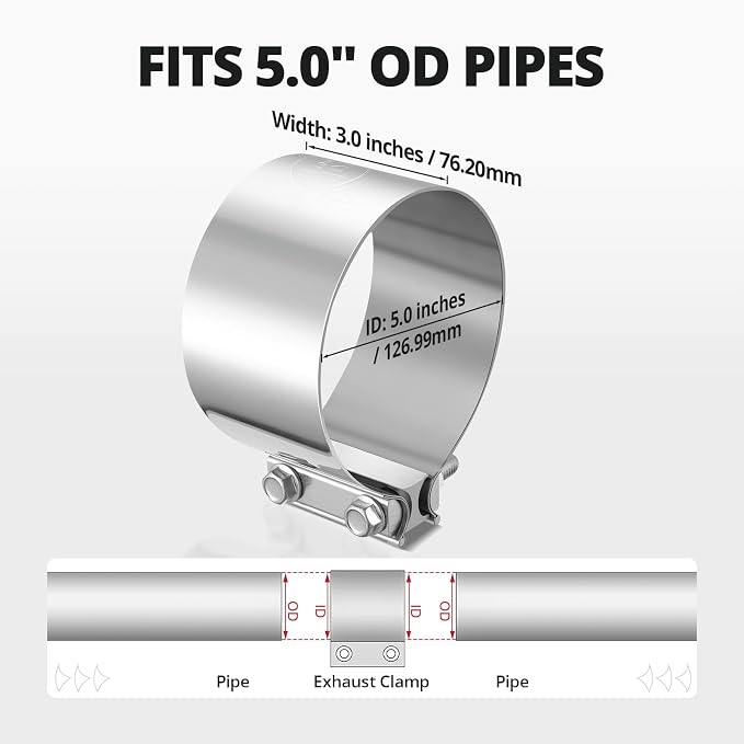 EVIL ENERGY 5.0 Inch Exhaust Clamp, Butt Joint Band Clamp Sleeve Coupler Stainless Steel for Pipes, Mufflers,Catalytic Converters 2PCS