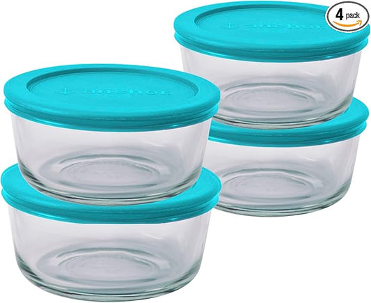 Anchor Hocking SnugFitTM Round Food Storage Containers with Lids (4-Piece, 4-cup, Teal, oven-safe)