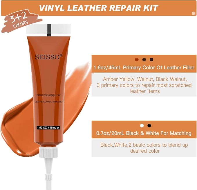 SEISSO Leather Repair Kit with Backing Fabric – 5 Color Leather & Vinyl Repair Kit for Couch, Sofa, Car Seats & Jackets, Fix Tears, Holes, Cracks, Scratches & Burn Holes, DIY Leather Repair (5 Colors)