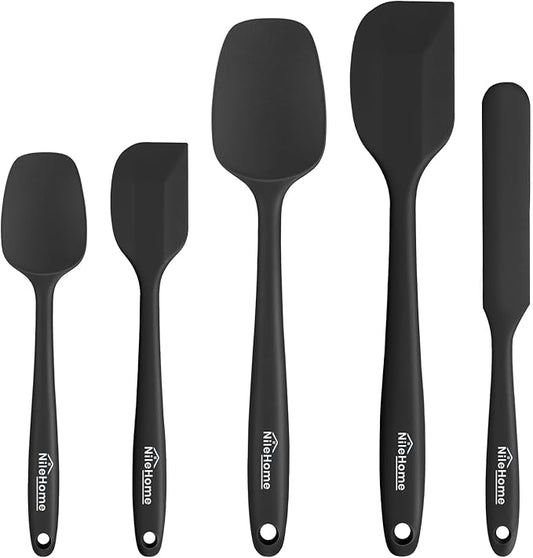 NileHome Silicone Spatula Set, 5 Pieces Food Grade Kitchen Utensils with Silicone Brush Heat Resistant BPA-free Rubber Spatula for Scraping, Baking, Cooking, Mixing—Black