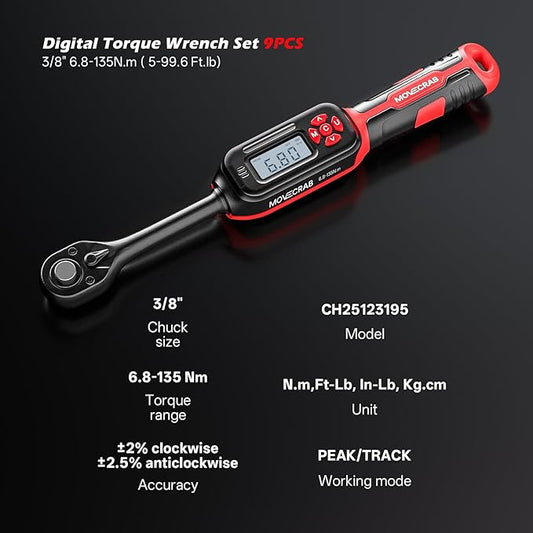 3/8 Torque Wrench Digital (5-99.6 Ft.Lb/6.8-135 N.m) ±2% Accuracy Digital Spark Plug Socket & Tire Inch Pound Torque Wrench with Buzzer and LED Flash Notification Track Mode for Moto Auto