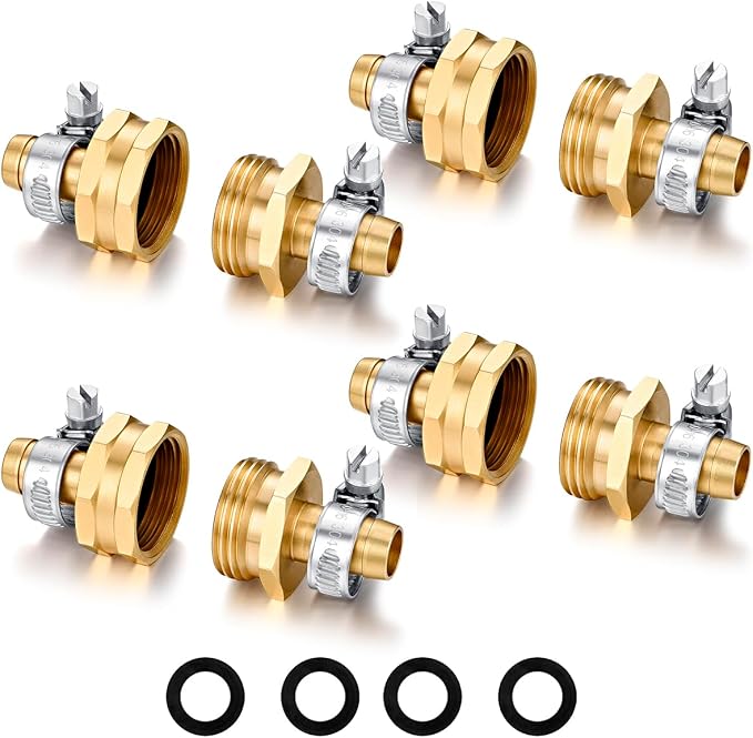 SIGURANTA Garden Hose Repair Connector with Clamps Hose End Repair Kit, 1/2"Barb Garden Hose Fittings Male and Female brass garden hose ends (1/2"Barb-4 Set)