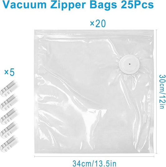 MEGAWISE Vacuum Zipper Bags 20Pcs (12 * 13.5in), BPA Free, Reusable Food Storage Bags with Air Valve for Sous Vide Cooking/Freezer/Microwave Heating, with 5 Seal Clips.