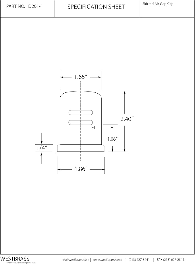 Westbrass D201-1-100-26 1-3/4" x 2-3/4" Solid Brass Air Gap Cap Only, Skirted, Polished Chrome (100-Pack)
