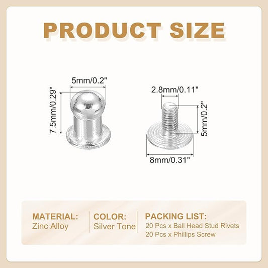 PATIKIL 5 mm Leather Rivets, 20 Sets Ball Head Stud Screw Back Round Head Button Chicago Screw Nipple Stud Rivet for Leather DIY Craft Handbag Belt Repairs, Silver Tone