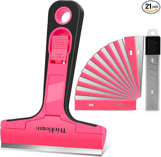 THINKLEARN Razor Blade Scraper Tool, 4" Razor Scraper with 20Pcs Replacement Blades, Pink Glass Scraper for Removing Decals, Tint, Stickers, Labels, Caulk, Adhesive from Window, Oven, Stove Top