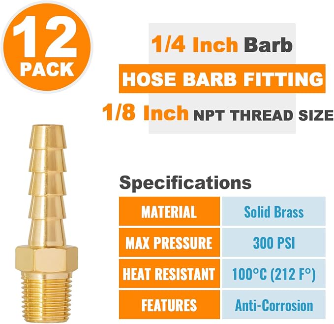 SUNGATOR 12-Pack 1/8" NPT to 1/4" Hose Barb Fittings, Brass Air Hose Fittings, 1/4" Barb to 1/8" NPT Male Thread Adapter, Brass Air Line Repair Connector Kit for Compressor, Gas, Auto Shop