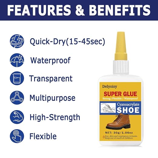 30g Shoe Glue for Sole Repair - Heavy Duty Super Adhesive for Boots, Sneakers, Leather & Rubber - Cyanoacrylate Instant Set, Waterproof Flexible Repair, Sets in 15 Seconds