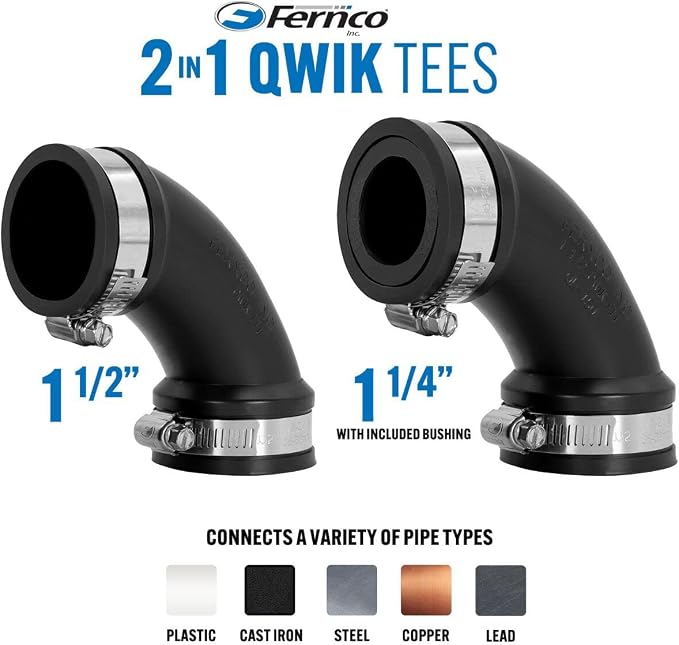 Fernco 1.5" Flexible PVC 90-Degree Elbow Includes Optional 1.25" Reducer Bushing for DWV Cast Iron, Steel and Plastic Pipe Connections