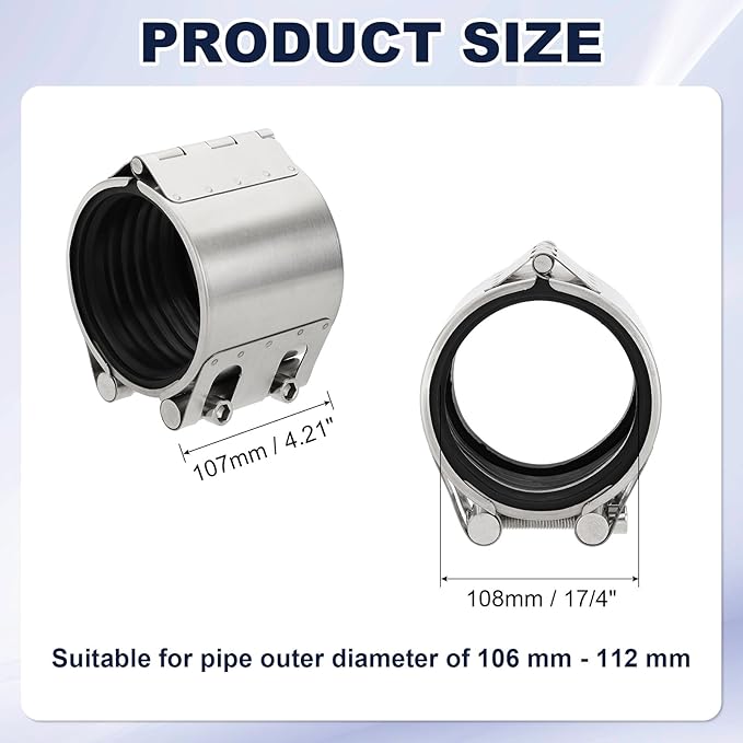 HARFINGTON Pipe Repair Clamp 4-1/4" OD 106mm-112mm 304 Stainless Steel Leak Sealer Emergency Pipe Repair for Plastic Metal Tubing Water Gas Oil Lines, Silver