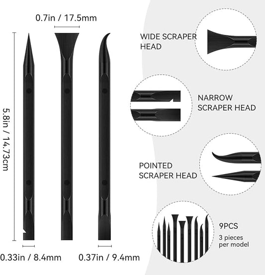 9 Pieces Plastic Scraper Tool for Tight Spaces, Non-Scratch Kitchen Scraper Cleaning Pen, Perfect for Remove Stickers, Labels, Oil Stains, Food, Dirt (Black)