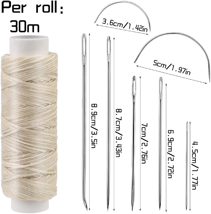 Ftyiwu Waxed Thread with Leather Hand Sewing Needles 32 Yards, 150D Flat Sewing Waxed Thread, and Leather Repair Needles for Home Upholstery Carpet Canvas Repair (Beige)