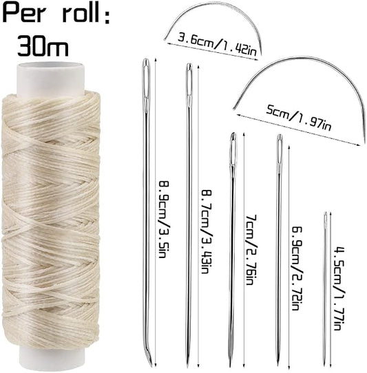 Ftyiwu Waxed Thread with Leather Hand Sewing Needles 32 Yards, 150D Flat Sewing Waxed Thread, and Leather Repair Needles for Home Upholstery Carpet Canvas Repair (Beige)