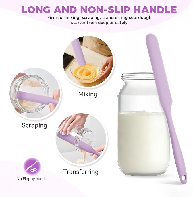Silicone Jar Spatula Set of 4, Long Handle Skinny Spatula and Spurtle for Sourdough Starter, Flexible Jar Scraper for Peanut Butter, Jam, Icing, Cream with No Batter Left Behind (4)