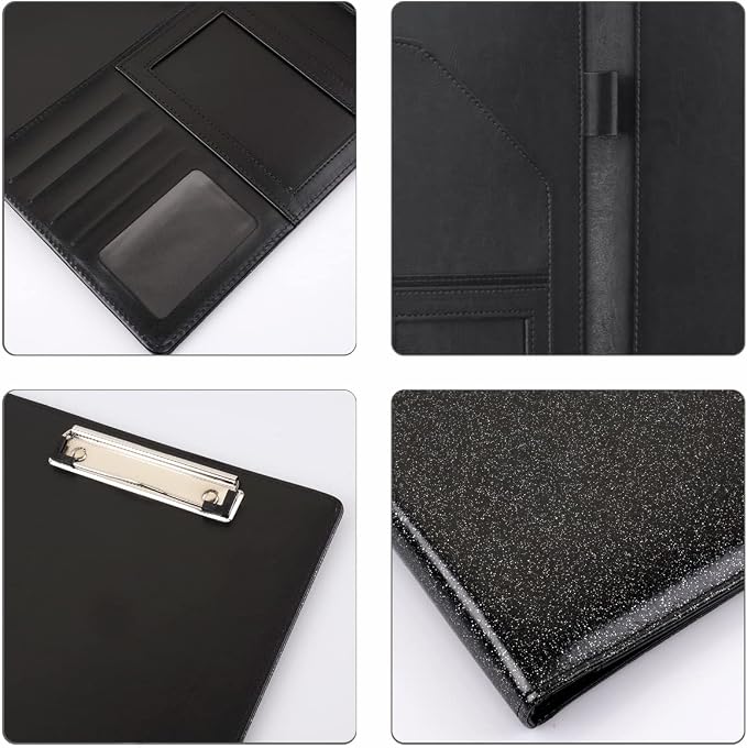 Glitter Portfolio Case, Bling Padfolio Cover for Women, Conference/Resume/Legal Document Organizer with Letter/A4 Size Clipboard Hardboard, Business Card Holders, Black