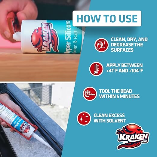 Kraken Bond Hyper Clear Caulking Sealant - (12x10.1 Fl. Oz) Fast Curing 100% Silicone Neutral for Kitchen & Bathroom, Bathtub, Shower and Sink, Low Odor, Waterproof, Anti Shrink Caulking, 12 Pack