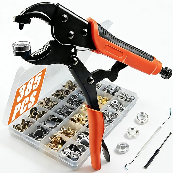 385 PCS Snap Fastener Tool Kit with Snap Buttons for Fabric, Boat Cover, Canvas Tarp, Leather, Clothing, Heavy Duty Snap Setter Tool, Metal Snap Buttons with Fastener Pliers Kit, 100 Sets 4 Color