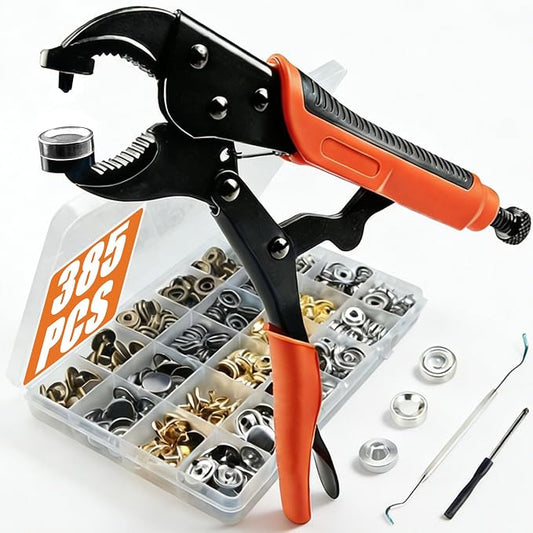 385 PCS Snap Fastener Tool Kit with Snap Buttons for Fabric, Boat Cover, Canvas Tarp, Leather, Clothing, Heavy Duty Snap Setter Tool, Metal Snap Buttons with Fastener Pliers Kit, 100 Sets 4 Color