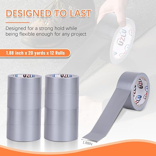 Duct Tape Bulk, Silver Duct Tape Heavy Duty, 12 Rolls x 20 Yard x 1.88 Inch Per Roll, Flexible, No Residue, All-Weather and Tear by Hand, Bulk Value for Indoor & Outdoor Repairs, Industrial Use