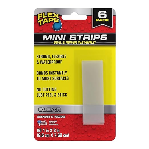 Flex Tape Mini Strips, Strong Flexible Rubberized Waterproof, Seal and Patch Leaks, Works Underwater, Indoor Outdoor - Home RV Roof Plumbing and Pool Repairs, Clear, (6) 1 in x 3 in Pieces