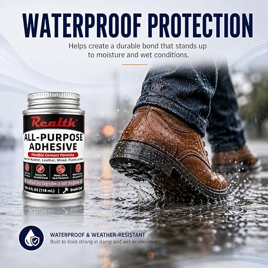 Realth All Purpose Adhesive 4 oz Brush Can Strong Flexible | Contact Cement Repair Glue for Leather, Rubber, Neoprene, Plastic & Wood, Fast Drying
