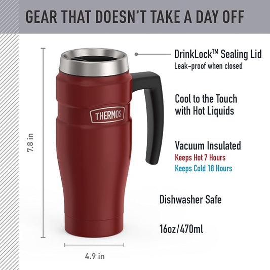 THERMOS Stainless King Vacuum-Insulated Travel Mug with Handle - 16oz, Rustic Red - Thermos Tumbler for Hot & Cold Drinks - Leak-Proof & Sweat-Proof Stainless Steel Coffee Mug with Lid for Commuting