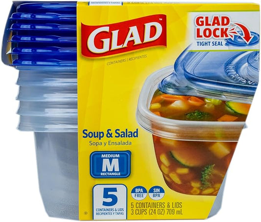 Glad GladWare Medium Rectangle Food Storage Containers with Lids, BPA Free Plastic for Soups Salads and Meal Prep, Airtight Leak Resistant, Microwave Dishwasher Freezer Safe, 24 Oz, 5 Count