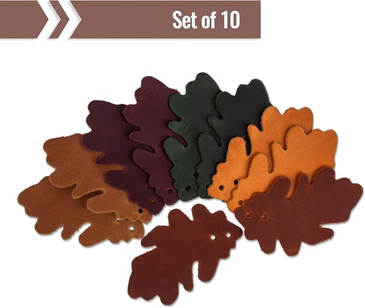 Set of 10 Leather Leaves Patches – 8x5 cm (3.14x1.96”) – Handmade Leather Labels – 1.6 mm Thick – Handmade Tags for Crochet - Leathers Tags - DIY Craft Appliques for Sewing, Repair & Decoration