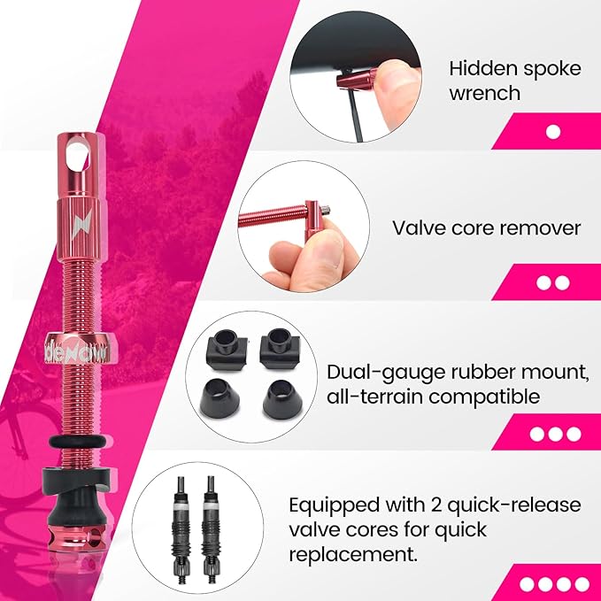 RideNow Tubeless Presta Valve Stems, 45mm Super Light Alloy Presta Tubeless Valve Stem Kit with Valve Core Remover Tool and Valve Stem Caps, Multiple Color and Size Options(Pair), Pink