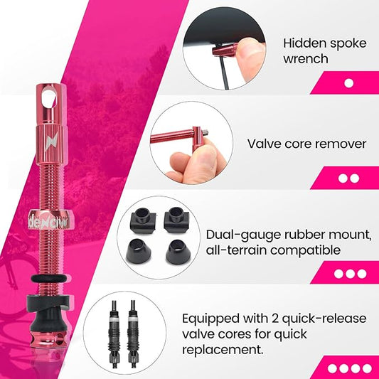 RideNow Tubeless Presta Valve Stems, 45mm Super Light Alloy Presta Tubeless Valve Stem Kit with Valve Core Remover Tool and Valve Stem Caps, Multiple Color and Size Options(Pair), Pink