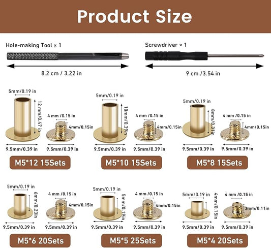 110 Sets Chicago Screws, Leather Rivets with 2 Pcs Tool Kit, Assorted Screw Rivets Binding Kit for Metal, Used for Leather Crafts, Clothing, Bag, Shoes, Purse, Belt Decorate & Repair (Gold)