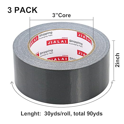 JIALAI HOME Heavy Duty Duct Tape, Black Tape 2 Inches x 30 Yards 3-Pack, 8.27 mil, Strong, Flexible, No Residue, All-Weather and Tear by Hand - for Repairs, Industrial, Professional Use