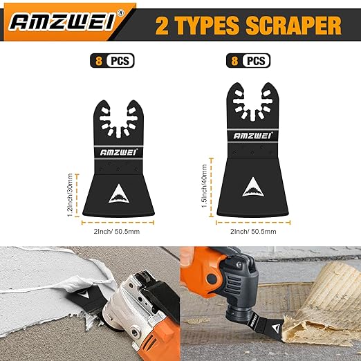 AMZWEI 16PCS Oscillating Tool Scraper Blades,HCS Caulk Remover Tool Blades for Vinyl Flooring,Paint,Carpet,Tile Adhesives, Compatible with Dewalt Milwaukee Dremel, Ryobi, Rockwell