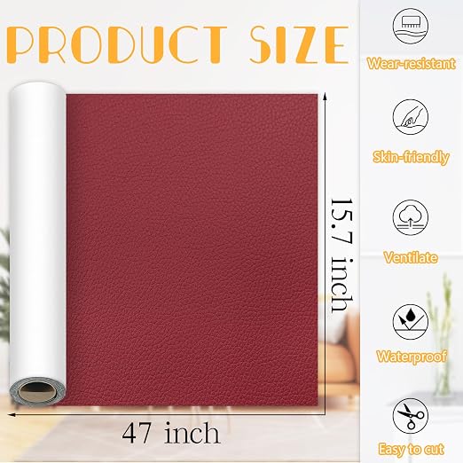 Self-Adhesive Leather Repair Tape Kit, 15.7×47 Inch Wine Red Large Leather Patches for Furniture, Leather Couch Patch Peel and Stick for Sofas, Office Chairs, Car Seats