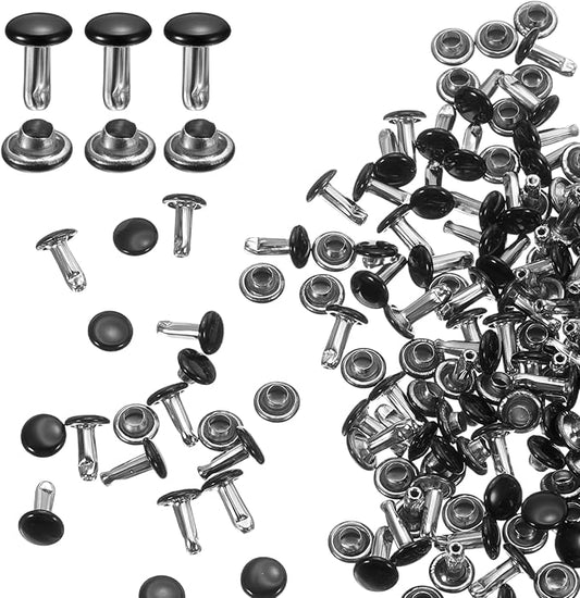 HARFINGTON 100 Sets Double Cap Leather Rivets, 6x8mm Round Cap Tubular Metal Studs Leather Crafting Rivets for Fabric Belt Pet Collar Boot Bag Repair and Decoration, Black