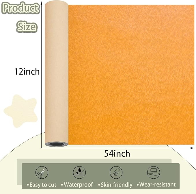 Leather Repair Patch for Furniture, 12×54 Inch Self Adhesive Leather Repair Tape, 1 Roll Vinyl Leather Repair Kit for Sofa Jackets Couches Handbags Kitchen Stools Luggage (Orange)